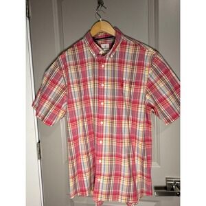 Johnnie-O Hangin Out Mens XL Short Sleeve Plaid Button Down Shirt Red Yellow
